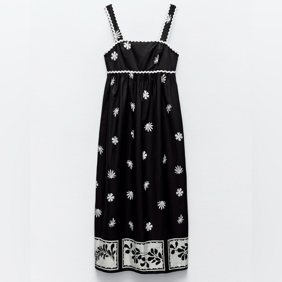 Zara Printed Midi Dress Size Medium M NWT Black White Eccru Abstract Floral - Picture 2 of 9